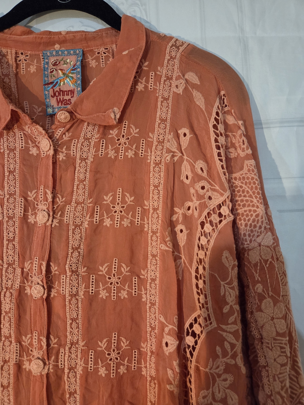 Johnny Was Coral Embroidered Button-Down Shirt - Picture 8 of 9